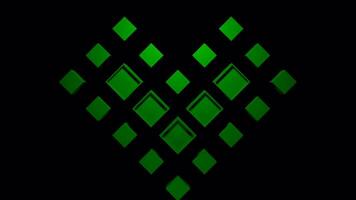 Black background . Design. A beautiful green heart made of squares that move in animation. video