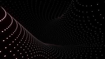 3D space with curving flow of dots. Design. Futuristic space with curving lines in flow. Dotted lines move in geometric curves on black background video