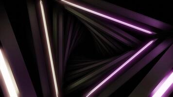 Triangular 3d tunnel with flashing lines. Design. Rotating 3d tunnel with triangles and glowing lines. Dark triangular tunnel with flashing lights video