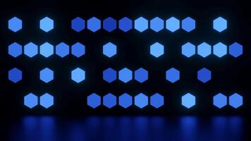 Background of flashing hexagons. Design. Glowing hexagons with reflection on surface of black background. Geometric background with glowing hexagons video