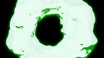 Black background with neon ring. Design.A reflective large ring of light paint shimmers with different shades in the animation. video