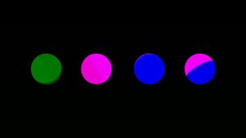Abstract four same size circles in one row blinking and changing colors. Motion. Bright small circular figures on a black background. video