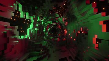 Cyber tunnel with pixels and rotating dots. Design. Movement in destroyed 3d tunnel with external rotating space. Fantastic tunnel with shattered walls and rotating streams of particles video
