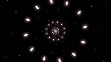 Black background. Design. Red and green lanterns in abstraction that fly away in bright circles and patterns and small white stars are visible from behind. video