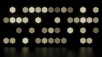 Background of flashing hexagons. Design. Glowing hexagons with reflection on surface of black background. Geometric background with glowing hexagons video