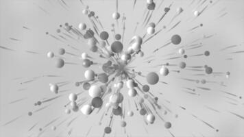 White background. Motion.Small volumetric gray and white circles in animation scatter in different directions in abstraction. video