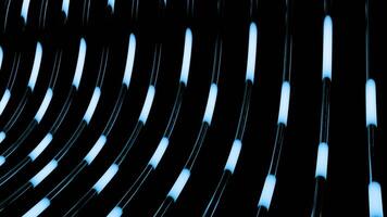 Abstract bended dark tubes with moving long lights on a black background. Design. Technological pattern with light bulbs. video