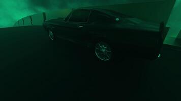 Green background with a dark background. Design.A big dark car moving fast on a dark road in animation. video