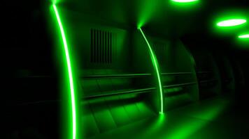 Dark 3d tunnel with neon lights. Design. Movement in futuristic dark corridor. Technological corridor with metal walls and neon lamps video