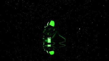 Futuristic 3D device glows in dark. Design. Frightening glowing object in dark space with midges. Cosmic biological Creation glow with flying particles video