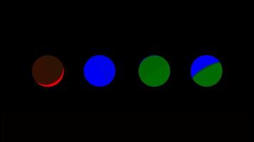 Abstract four same size circles in one row blinking and changing colors. Motion. Bright small circular figures on a black background. video