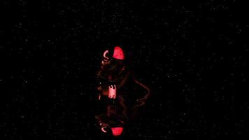 Futuristic 3D device glows in dark. Design. Frightening glowing object in dark space with midges. Cosmic biological Creation glow with flying particles video