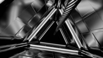 Triangular 3d tunnel with metal walls. Design. Rotating 3d tunnel with rope in middle. Lifeline in dark tunnel with neon lines video