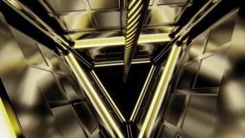 Triangular 3d tunnel with metal walls. Design. Rotating 3d tunnel with rope in middle. Lifeline in dark tunnel with neon lines video