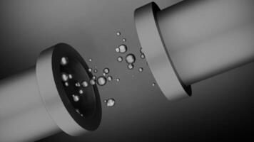 Gray background. Motion.Large dark pipes through which water drops flow in animation in different directions. video