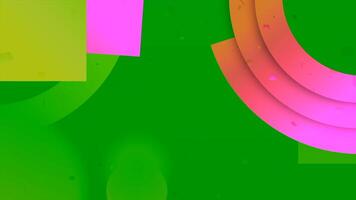 Green and blue background with multicolored geometric shapes. Motion.Multicolored ovals and rectangles in animation appear on a simple monochrome background where confetti is pouring from behind the video