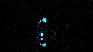 Unknown robotic mechanism moving in outer space surrounded by flying particles. Design. Reflection of n alien machine in liquid substance. video