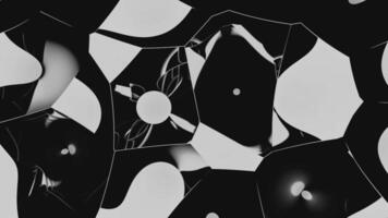 Black background. Design.A view of mirrors in animation that change position and large white 3d circles are visible in them. video