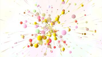 Explosion of colorful 3d particles in festive style. Motion. Colorful balls with particles move in festive explosion. Colorful explosion with stream of moving particles and 3D balls video