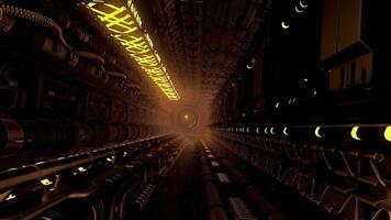 Inside futuristic canal with pipes. Motion. Technical 3d tunnel with neon lines and pipes. Pipes and wires in futuristic corridor video