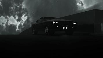 Gray backlight and blue. Design.Dark background with a fashionable foreign car created in animation with moving wheels and asphalt and clouds with light. video