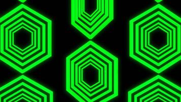 Moving chains with geometric shapes. Design. Neon hexagons move in geometric pattern. Hexagons move and rotate in lines on black background video