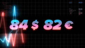 Neon abstract charts with changing values of check points on a dark background. Motion. Animation with up and down moving blue and pink neon lines and dollar and euro exchange rates. video