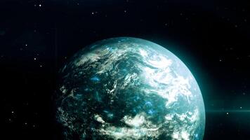 Blue backlight with a view of the ground. Motion.Abstraction on the crust you can see a view of the cosmos and the planet earth, which rotates around its axis and the stars are visible around. video