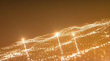Gold abstract color wave with flowing small particles abstract background. Motion. Flying comets among glowing particles. video