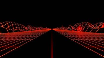 Retro-style virtual road. Design. Cyber animation with neon road and mesh hills. Futuristic animation with neon road for game racing video