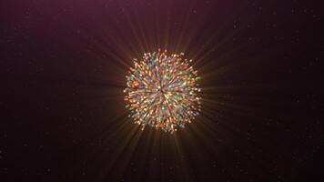 Round spherical object of many small glowing particles. Motion. Multicolored ball shrinking and disappearing on a black background. video
