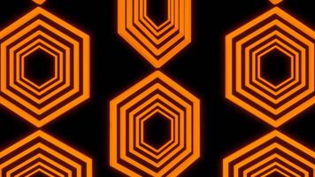 Abstract three vertical rows of orange hexagon silhouettes moving on a black background. Design. Geometric moving pattern of rotating hexagons. video