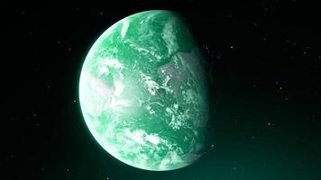 Abstract spinning turquoise unknown planet on outer space background. Motion. Breathtaking cosmic background. video