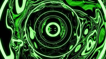 Green and pink background. Design.Glowing hoops standing in a row create a corridor and bright volumetric illumination flashes from the ceiling in abstraction. video