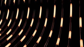 Black background. Design. Bright lines with lanterns and orange shades in them sparkle and shimmer with different colors in abstraction video
