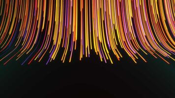 Beautiful cyber slide of lines. Motion. Curved flow of colorful stripes. Bright stripes move in stream with bend on black background video