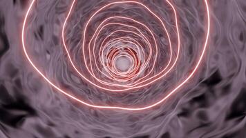 Green and pink background. Design.Glowing hoops standing in a row create a corridor and bright volumetric illumination flashes from the ceiling in abstraction. video
