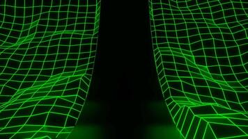 rör på sig böjd Plats med dator rutnät. design. glida med neon retro rutnät i cyberrymden. tävlings väg med glida och tapp rutnät video