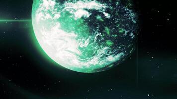 Bright view of the cosmome . Motion . The moon illuminated in green, made in animation. video
