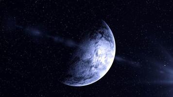 Rotating cold planet in space. Motion. 3D planet rotates on background of space and flow of particles. Planet rotates with stream of bright particles and beam of light in dark space video