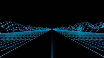 Retro futuristic synthwave grid background with hills on a black endless space. Design. Fast drive with a road and grid. video