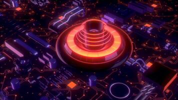 Beautiful 3d animation of the motherboard with light signals. Motion. Colorful circuit board with neon lights and buttons. video