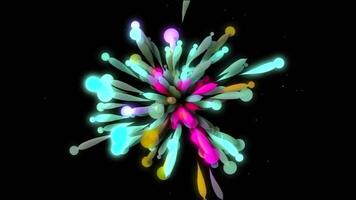 Explosion of colorful 3d particles in festive style. Motion. Colorful balls with particles move in festive explosion. Colorful explosion with stream of moving particles and 3D balls video
