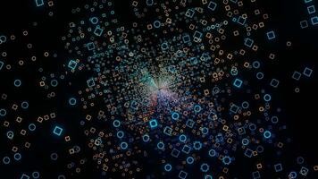 Motion of futuristic small squares in digital virtual space. Design. Spinning technological 3D space with square silhouettes. video