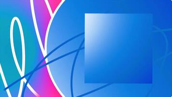 Animation with lines, circle and square appearing. Motion. Curved lines are drawn on colorful background with geometric shapes. Square in circle with place to insert video