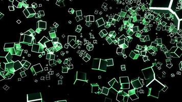 Abstract flow of cube silhouettes with white and green edges on a black background. Design. Flying 3D small figures. video