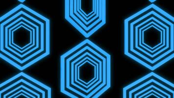 Abstract three vertical rows of blue hexagon silhouettes moving on a black background. Design. Geometric moving pattern of rotating hexagons. video