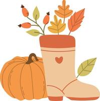 Leaves in a rubber boot, autumn composition of leaves, illustration of colorful leaves in a rubber boot, hello autumn vector