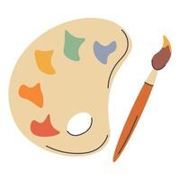 Simple palette with paints of different colors and brush, top view of artist tools, back to school, paints isolated on white background vector