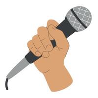 Microphone in hand, singing into a microphone, presenter who speaks into a microphone, stand-up performance, illustration in flat style vector